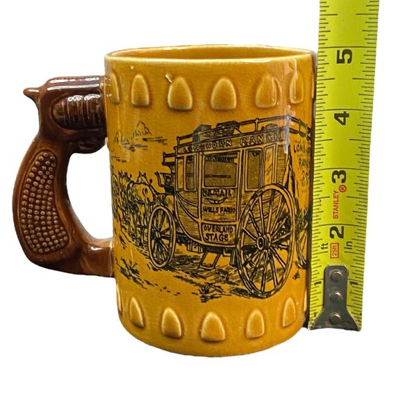 VTG Wells Fargo Longhorn Stagecoach Western Pistol Revolver Coffee Mug Ceramic - Picture 2 of 8